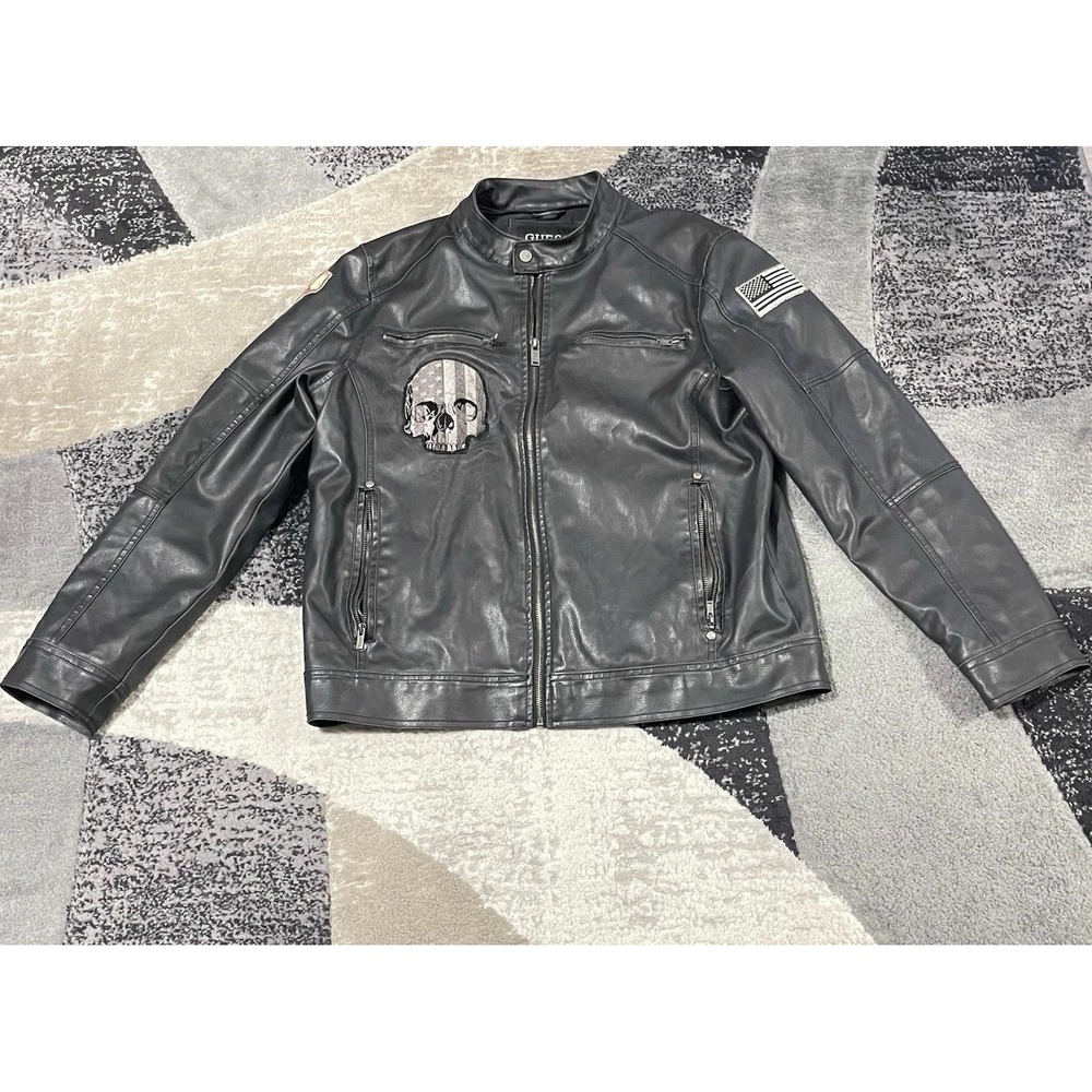 Guess Faux Leather Moto Jacket Men Large Black Skull Biker Zip Up Flag Patches